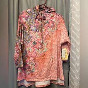 One World Poncho hooded Top Sz Medium Pink Boho Fairy paisley 👠504
